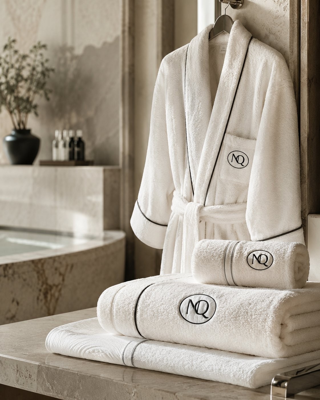 The NQ signature robe hanging in a spa bathroom